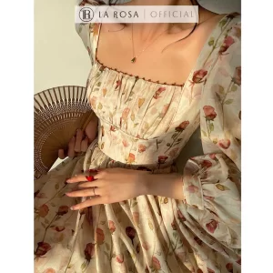 Váy Hoa Tiểu Thư Thanh Lịch Thiết Kế Cổ Vuông Xếp Ly LAROSA, Váy Hoa Dài Tay Sang Chảnh V1072-4