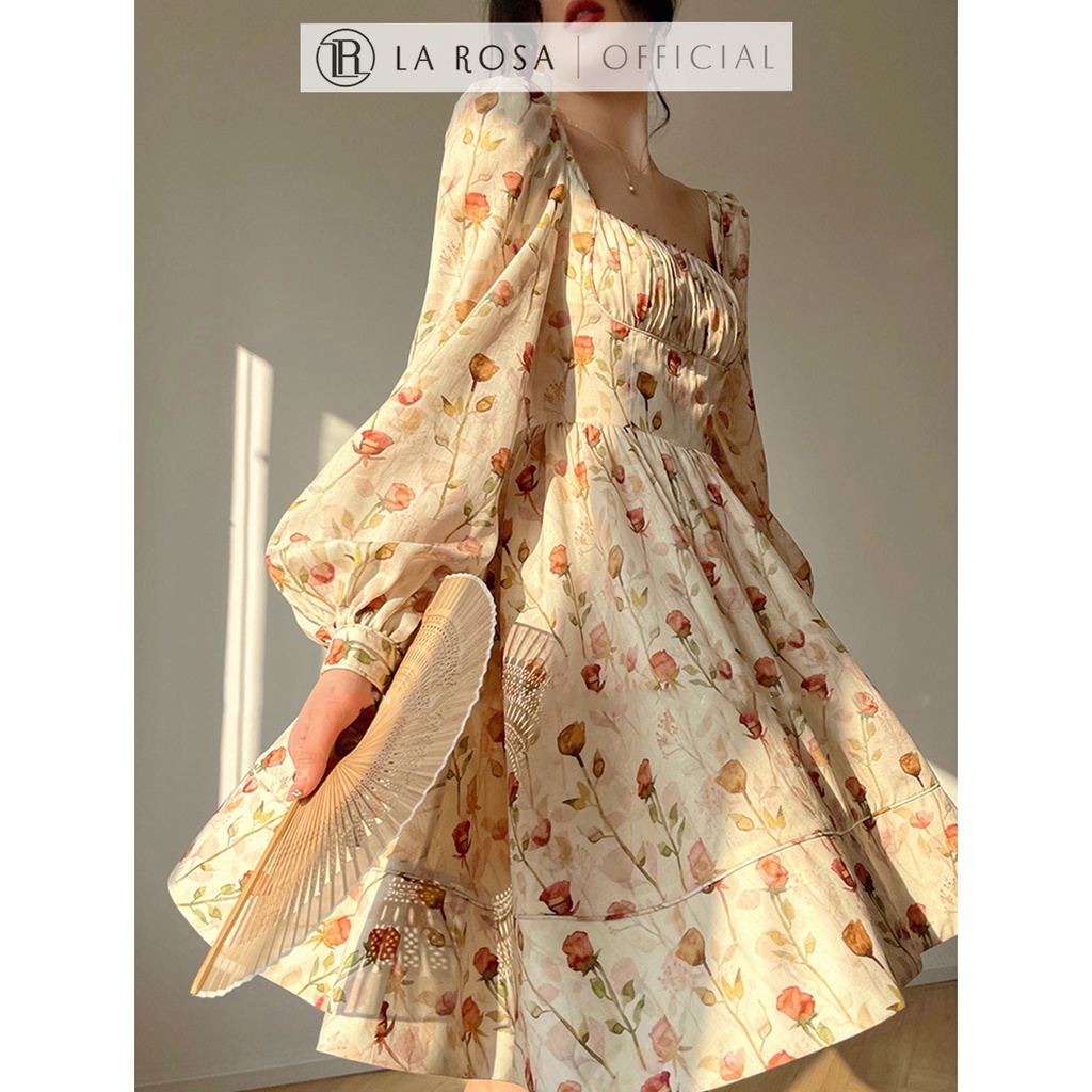 Váy Hoa Tiểu Thư Thanh Lịch Thiết Kế Cổ Vuông Xếp Ly LAROSA, Váy Hoa Dài Tay Sang Chảnh V1072-1