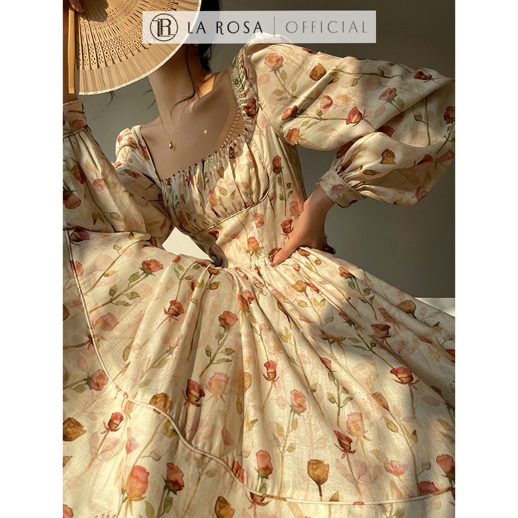 Váy Hoa Tiểu Thư Thanh Lịch Thiết Kế Cổ Vuông Xếp Ly LAROSA, Váy Hoa Dài Tay Sang Chảnh V1072-2