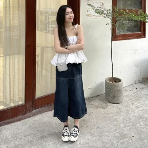 Chân váy jean bò dài dáng xòe có thắt eo lưng màu chàm đậm Meisy-4