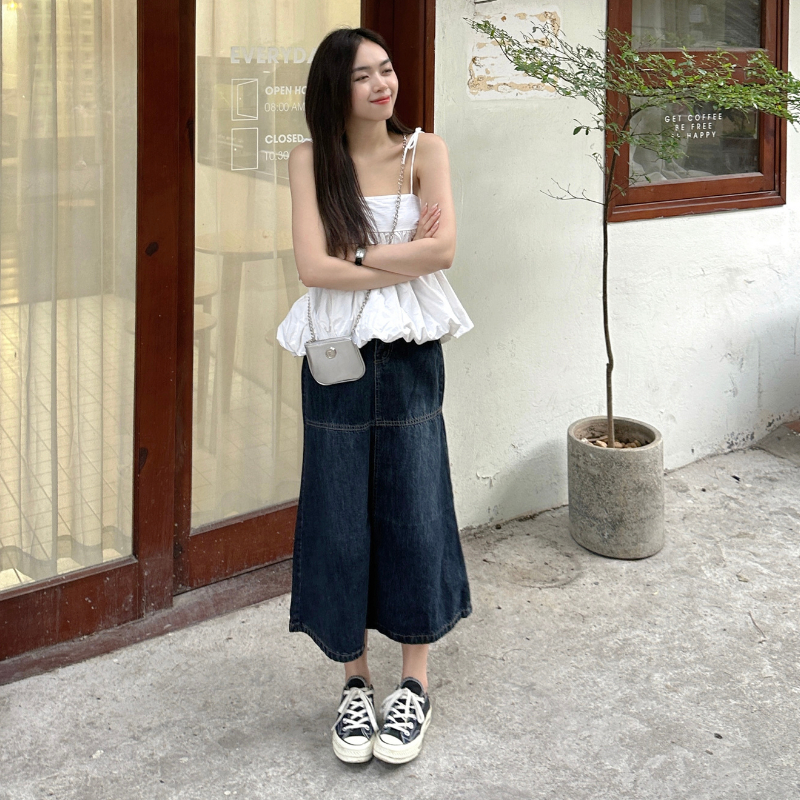 Chân váy jean bò dài dáng xòe có thắt eo lưng màu chàm đậm Meisy-4