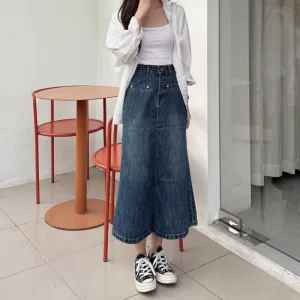 Chân váy jean bò dài dáng xòe có thắt eo lưng màu chàm đậm Meisy-6