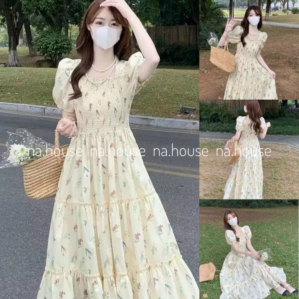 Đầm hoa nhí dáng dài cổ vuông bo chun eo đi chơi đi biển Nahouse váy maxi nữ xốp xòe thiết kế đẹp và sang trọng màu nude-1