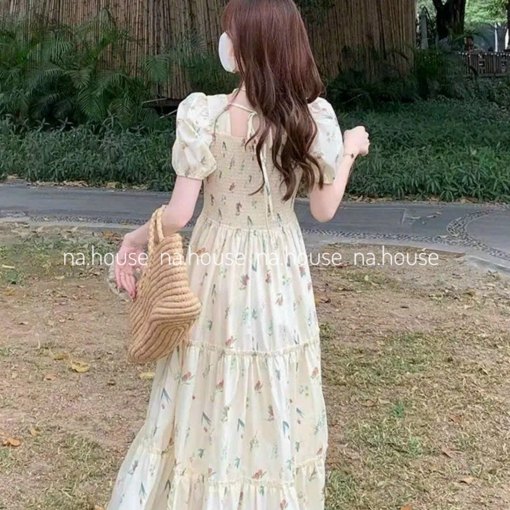 Đầm hoa nhí dáng dài cổ vuông bo chun eo đi chơi đi biển Nahouse váy maxi nữ xốp xòe thiết kế đẹp và sang trọng màu nude-3