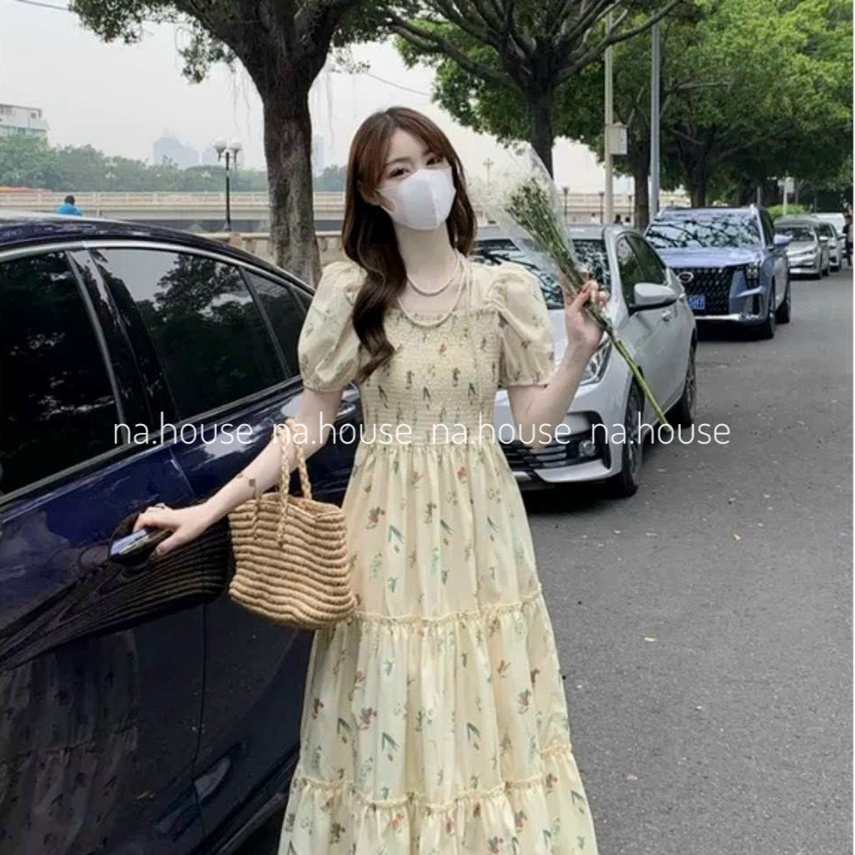 Đầm hoa nhí dáng dài cổ vuông bo chun eo đi chơi đi biển Nahouse váy maxi nữ xốp xòe thiết kế đẹp và sang trọng màu nude-6