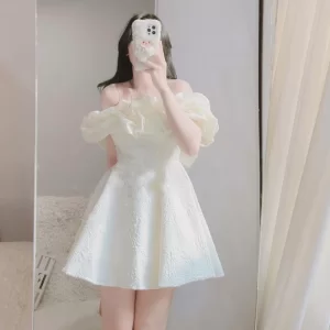 Đầm hoa xốp trễ vai bồng bềnh dễ thương, váy dự tiệc tiểu thư xinh xắn-5