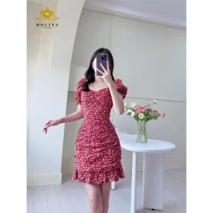 Váy Hoa Nhí Tay Bồng Đuôi Cá Molina Thiết Kế dáng ôm Nhún Eo Tôn Dáng Chất Liệu Cao Cấp-2
