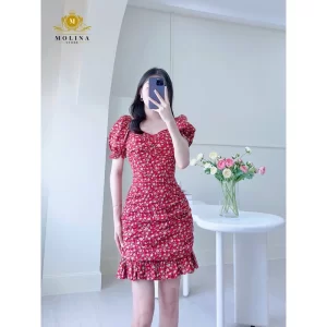 Váy Hoa Nhí Tay Bồng Đuôi Cá Molina Thiết Kế dáng ôm Nhún Eo Tôn Dáng Chất Liệu Cao Cấp-4