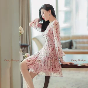 Đầm voan hoa cổ tim tay dài dáng ngắn phối cúc, váy nữ đi biển đi tiệc dáng xòe Zancy DHTIM004-3