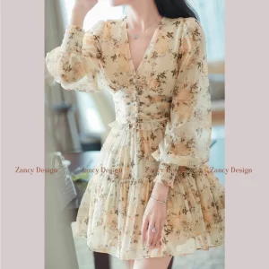 Đầm voan hoa cổ tim tay dài dáng ngắn phối cúc, váy nữ đi biển đi tiệc dáng xòe Zancy DHTIM004-8