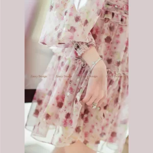 Đầm voan hoa cổ tim tay dài dáng ngắn phối cúc, váy nữ đi biển đi tiệc dáng xòe Zancy DHTIM004-7