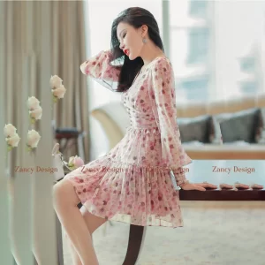 Đầm voan hoa cổ tim tay dài dáng ngắn phối cúc, váy nữ đi biển đi tiệc dáng xòe Zancy DHTIM004-5