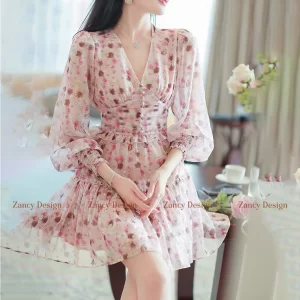 Đầm voan hoa cổ tim tay dài dáng ngắn phối cúc, váy nữ đi biển đi tiệc dáng xòe Zancy DHTIM004-9