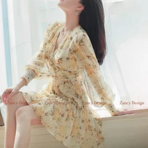 Đầm voan hoa cổ tim tay dài dáng ngắn phối cúc, váy nữ đi biển đi tiệc dáng xòe Zancy DHTIM004-4