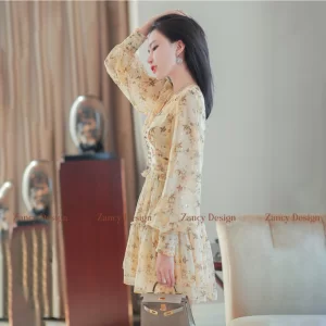 Đầm voan hoa cổ tim tay dài dáng ngắn phối cúc, váy nữ đi biển đi tiệc dáng xòe Zancy DHTIM004-6