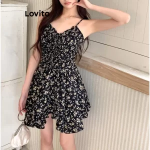 Lovito Váy ren hoa Ditsy thường ngày cho nữ LNA39082 (Đen)-6