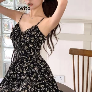 Lovito Váy ren hoa Ditsy thường ngày cho nữ LNA39082 (Đen)-4