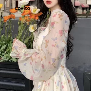 Lovito Váy hai lớp trơn đơn giản cho nữ LNE27260 (Màu trắng ngà)-6