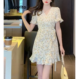Lovito Đầm cổ xếp nếp hoa Ditsy thường ngày cho nữ LNE43278-1