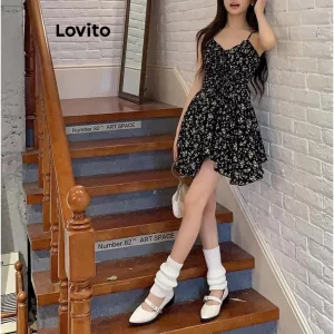 Lovito Váy ren hoa Ditsy thường ngày cho nữ LNA39082 (Đen)-3
