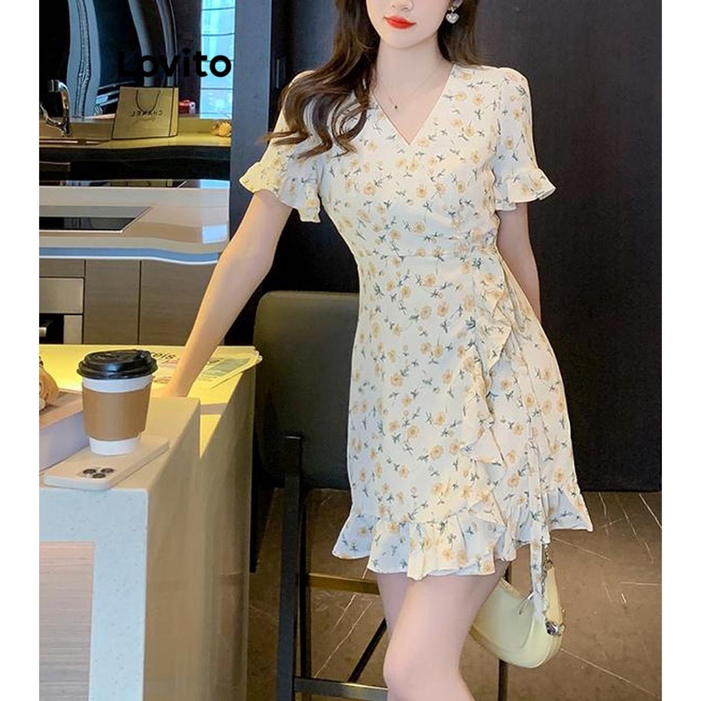 Lovito Đầm cổ xếp nếp hoa Ditsy thường ngày cho nữ LNE43278-4