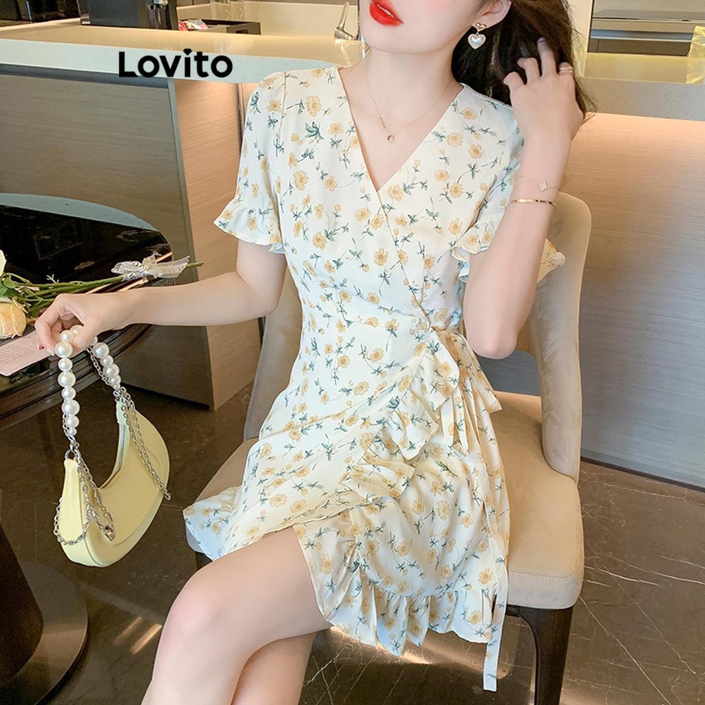 Lovito Đầm cổ xếp nếp hoa Ditsy thường ngày cho nữ LNE43278-2