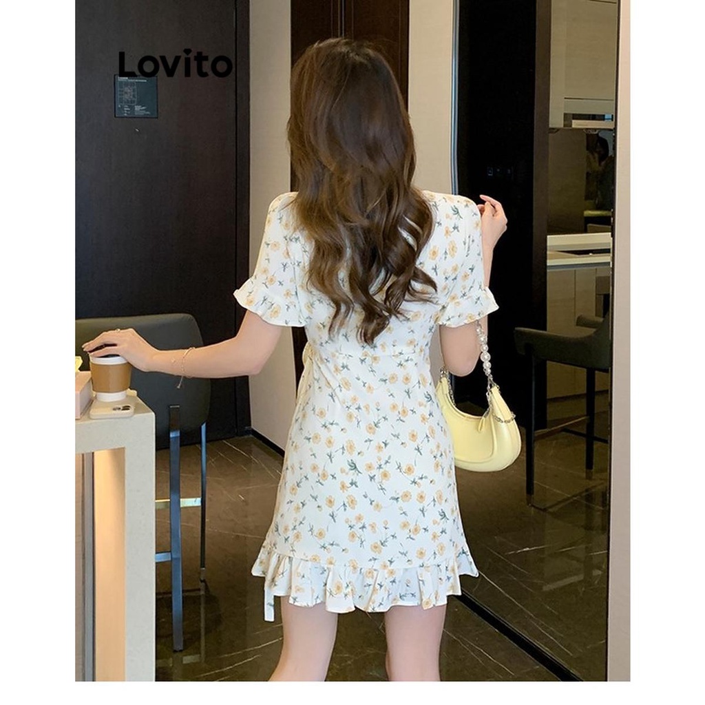 Lovito Đầm cổ xếp nếp hoa Ditsy thường ngày cho nữ LNE43278-6