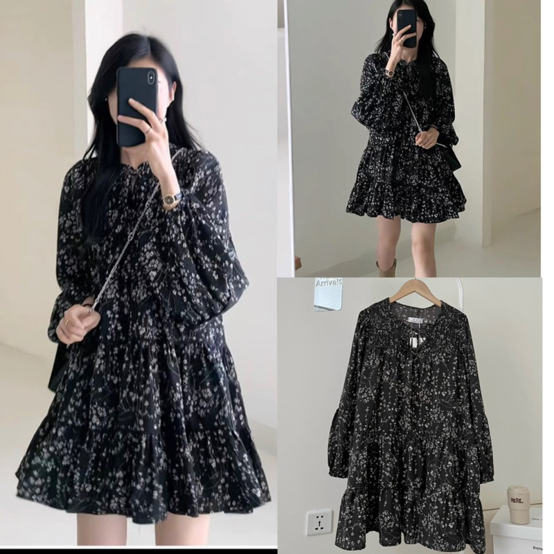 [NEW]ĐẦM HOA NHÍ BABYDOLL ĐEN DÀI TAY NHÚN LI VAI style Ulzzang-1