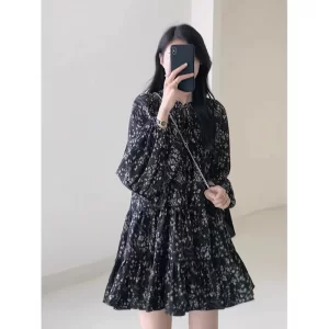 [NEW]ĐẦM HOA NHÍ BABYDOLL ĐEN DÀI TAY NHÚN LI VAI style Ulzzang-7