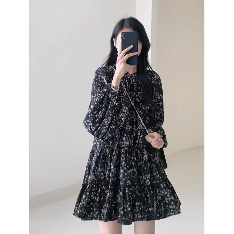 [NEW]ĐẦM HOA NHÍ BABYDOLL ĐEN DÀI TAY NHÚN LI VAI style Ulzzang-7