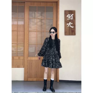 [NEW]ĐẦM HOA NHÍ BABYDOLL ĐEN DÀI TAY NHÚN LI VAI style Ulzzang-8
