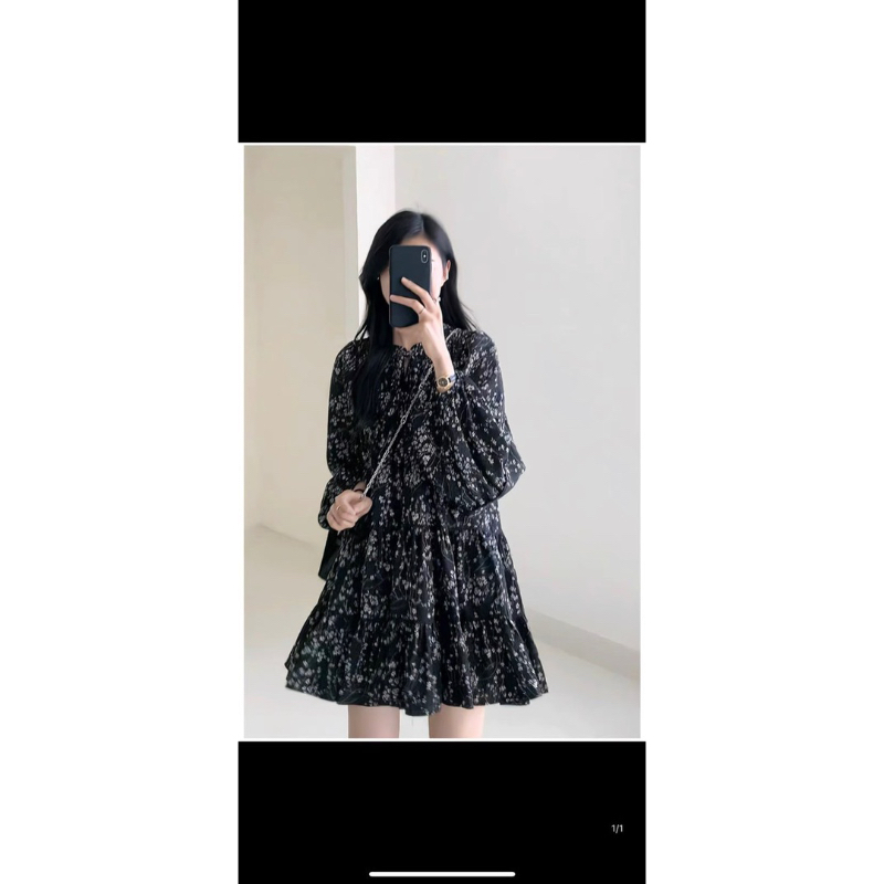 [NEW]ĐẦM HOA NHÍ BABYDOLL ĐEN DÀI TAY NHÚN LI VAI style Ulzzang-2